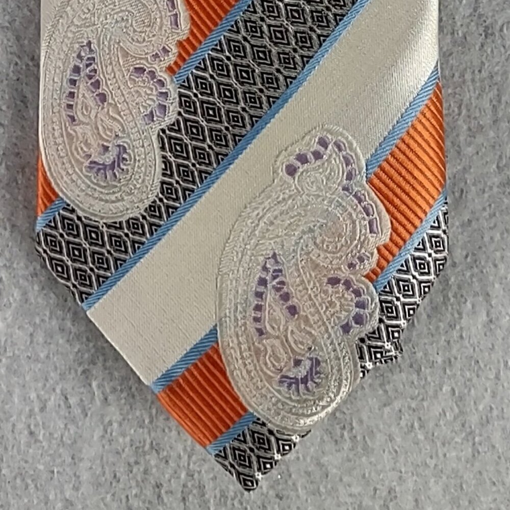 Karl Knox Men's White, Black, Orange, Purple Paisley 100% Microfiber Necktie - Picture 2 of 8
